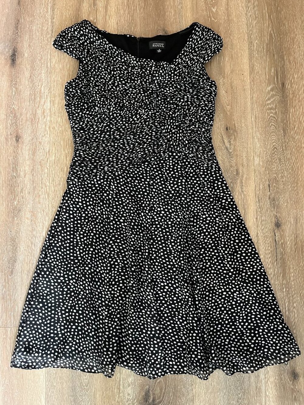 ADRIANNA PAPELL Polka Dot Black Cocktail Dress - 12 L - Ruched Fit and Flare